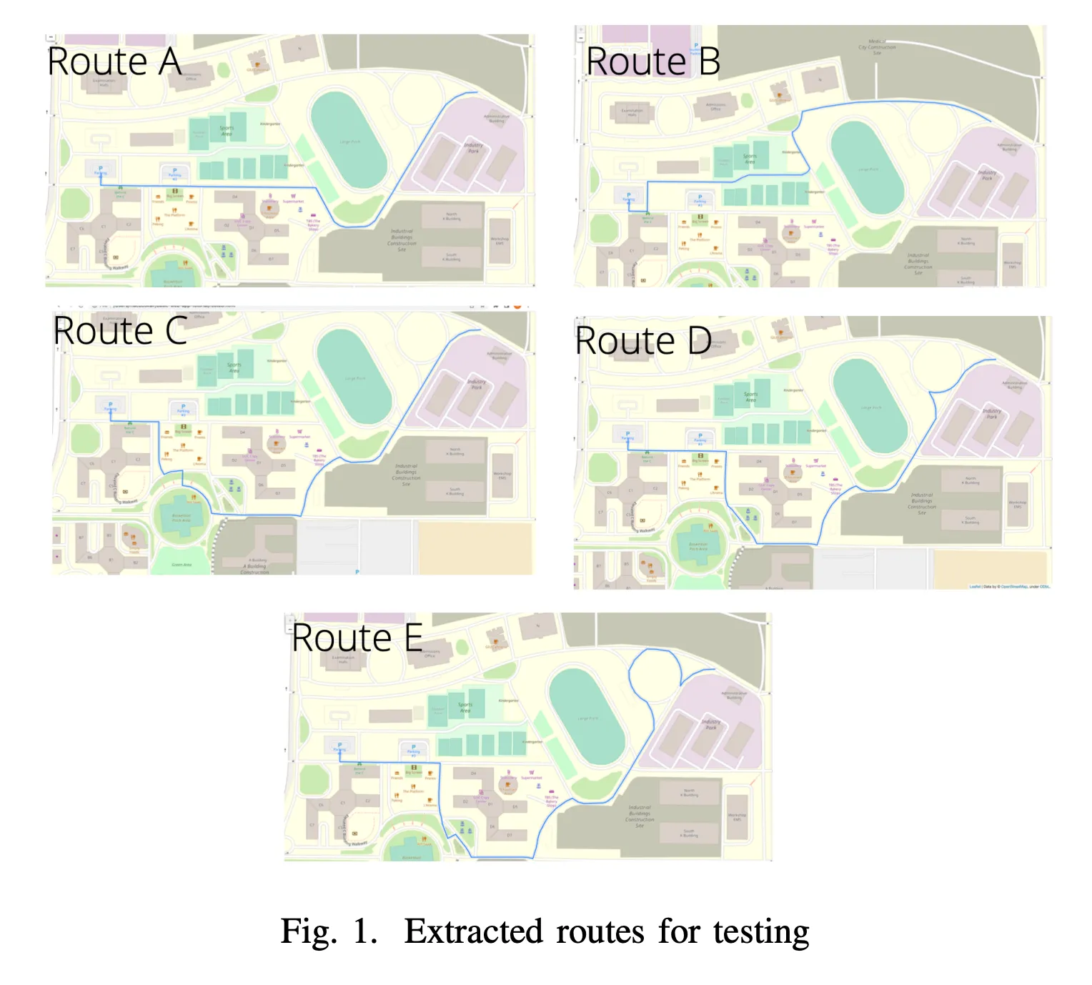 Fig. 1 from the paper: extracted routes for testing Figure from “Virtual Bike Lanes for Smart, Safe, and Green Navigation”